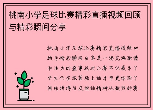 桃南小学足球比赛精彩直播视频回顾与精彩瞬间分享